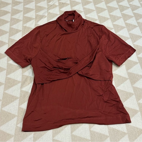 Tanya Taylor short sleeve fitted turtleneck top rust twist front - Picture 2 of 5